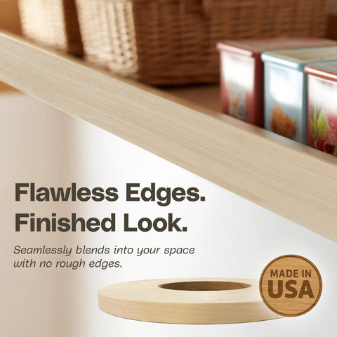 Birch Wood Veneer Edge Banding Tape With Pre Glued Iron On Adhesive Half Inch By 250 Foot Roll shown on a shelf corner.
