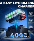 2A fast lithium-ion charger with 400mAh capacity, featuring overcurrent and overheating protections, designed for efficiency.