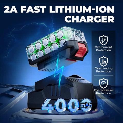 2A fast lithium-ion charger with 400mAh capacity, featuring overcurrent and overheating protections, designed for efficiency.