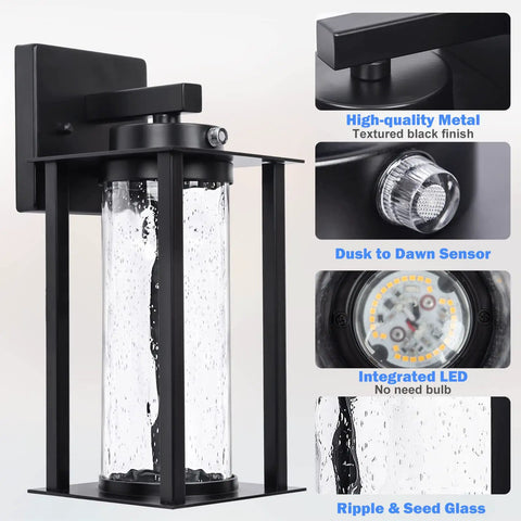 Image of Dusk To Dawn Outdoor Porch Lights 2 Pack With Photocell Sensor featuring modern glass sconce and textured black metal.