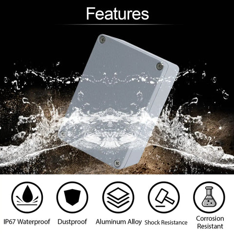 Rugged Aluminum Electrical Box Junction Case IP67 Waterproof Outdoor Enclosure Dustproof Project Box 4.7 By 3.1 By 2.1 Inches For Outdoor Electrical Installations Weatherproof Metal Box With Tight Sealing, angled view in water splash