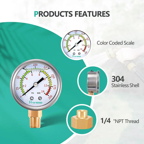Pronese 2-inch dial stainless steel water pressure gauge kit, front view with color-coded scale and 1/4" NPT thread.