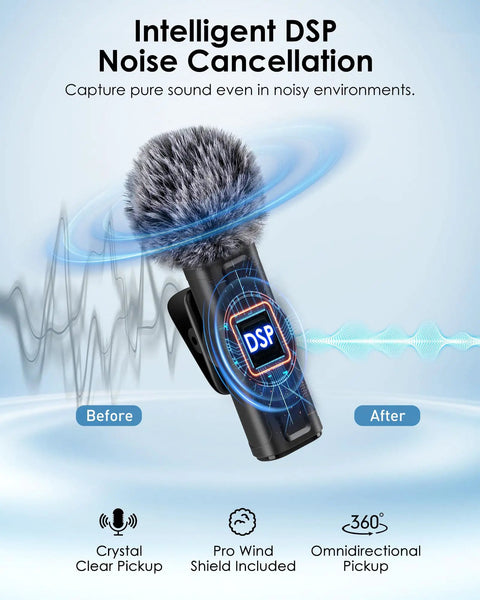 Wireless Mini Lavalier Microphone For iPhone Android Camera And PC 4 In 1 Lapel Mic showing DSP noise cancellation feature.