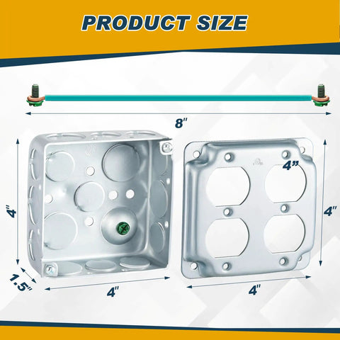 Eight-Pack 4x4 Metal Electrical Boxes Kit With Duplex Receptacles, 1/2 Inch Knockouts, 1-1/2 Inch Deep, 21 Cu In Capacity