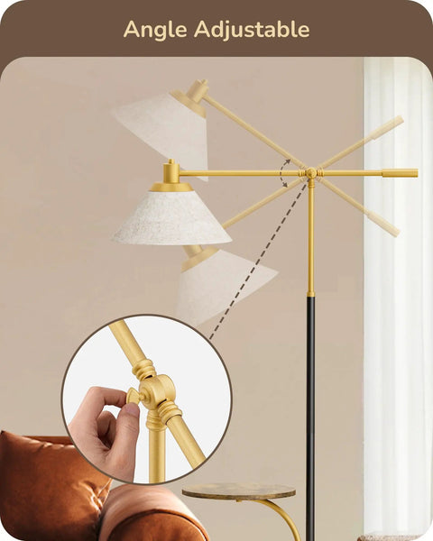Gold Arched Floor Lamp With Adjustable Linen Shade, Corner Standing Arc Light For Bedroom, Living Room, And Office, 63 Inch Tall Modern Floor Lamp, Space Saving Gold Finish shown with adjustable arm detail.