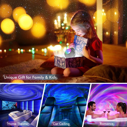 Child opening gift with Dope Galaxy Projector With Remote Control And Bluetooth Speaker Night Light For Bedroom Kids