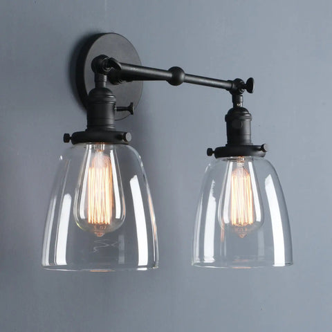 Two Light Swing Direction Wall Sconce With Switch And 5.6 Inch Bell Glass Shade Vintage Industrial Double Head Wall Light