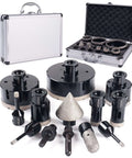 Front view of 13-piece diamond core drill bit set with hole saws in a metal carrying case