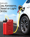 Rechargeable Fuel Transfer Pump With Auto Stop Sensor for Fast 3.2 GPM Flow pumping from a red gas can to a car's fuel tank
