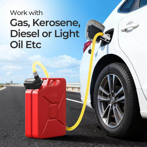 Rechargeable Fuel Transfer Pump With Auto Stop Sensor for Fast 3.2 GPM Flow pumping from a red gas can to a car's fuel tank