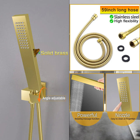 Solid brass handheld shower nozzle with 59-inch stainless steel hose for 24 X 32 LED Dual Head Ceiling Mount Shower System With Thermostatic Valve Rock Solid 6 Body Jets High Pressure Handheld 6 Inch Rainfall Panel Delivers Next Level Spa Experience To Your Bathroom.