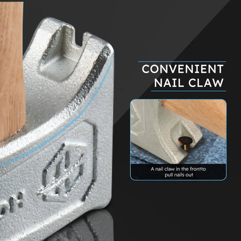 Detail of the nail claw on Pro Grade Magnetic Roofing Hammer With Solid Hardwood Handle And Round Striking Surface Magnet.