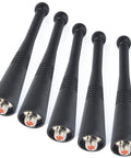 Pack of 5 black 806-941 MHz stubby antennas with SF connectors for Motorola XTS, MTX radios, low profile, durable build for rugged use.