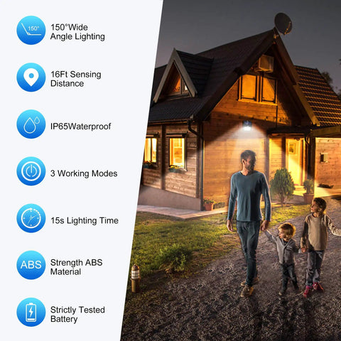 Six Pack Solar Outdoor Lights With Three Modes Dim Long Light Mode Bright Sensor Mode And Motion Detection illuminating a house entrance