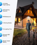 Family walking near house lit by Outdoor Solar Motion Sensor Lights 10 Pack With Three Modes, Wireless IP65 Waterproof.