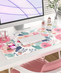 Pink Floral Large Mouse Pad 31.5 By 15.7 Inches Extended Desk Mat Waterproof PU Leather For Desktop Laptop Keyboard Mouse Office Home School Gaming Large Extended Work Surface For Laptop And Keyboard Also Great For Gaming shown on desk