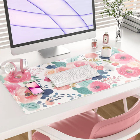 Pink Floral Large Mouse Pad 31.5 By 15.7 Inches Extended Desk Mat Waterproof PU Leather For Desktop Laptop Keyboard Mouse Office Home School Gaming Large Extended Work Surface For Laptop And Keyboard Also Great For Gaming shown on desk