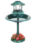 Solar Outdoor Bird Bath With Resin Pedestal Fountain In Green Yard Garden Decor 0.8 Gallon Basin Planter Base Feeder And Fillable Stand Weather Resistant Lantern Light For Nighttime Easy Setup For Bird Lovers, green lantern on top