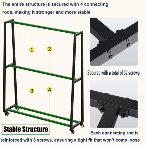 Heavy Duty Garage Mobile Vinyl Wrap Organizer Rack Featuring Adjustable Multi Tier Metal Frame And Smooth Rolling Lockable Casters, stable structure with green rods.