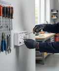 Five Piece Surface Mount Outlet Boxes With No Sweat Setup And Ultra Slim Single Gang Build installed on wall with tools.