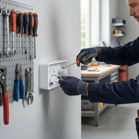Five Piece Surface Mount Outlet Boxes With No Sweat Setup And Ultra Slim Single Gang Build installed on wall with tools.