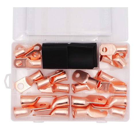 All Purpose Copper Battery Cable Lug Kit For 1/0 To 4/0 Gauge Wire Ends With 5/16 And 3/8 Crimp Ring Terminals And Heat Shrink Tubing
