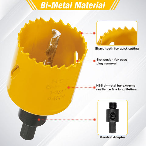Bi-Metal Hole Saw Kit 7-Piece Set with mandrel adapter and sharp teeth for fast clean holes in metal and wood.