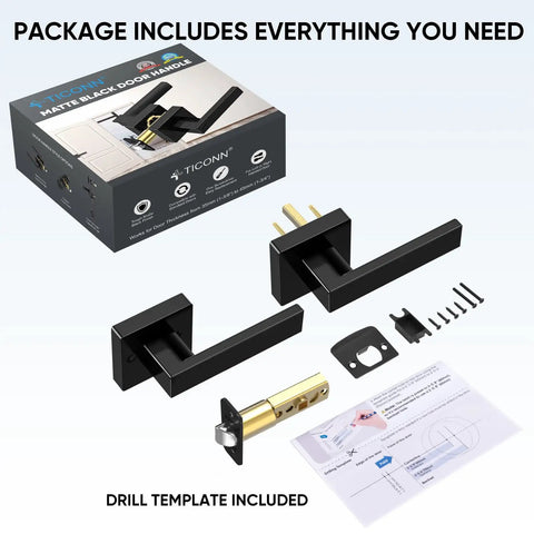 Matte Black Door Lever Set Heavy Duty Reversible Square Handle for Passage Doors with US Standard Strike Plate and Drill Template