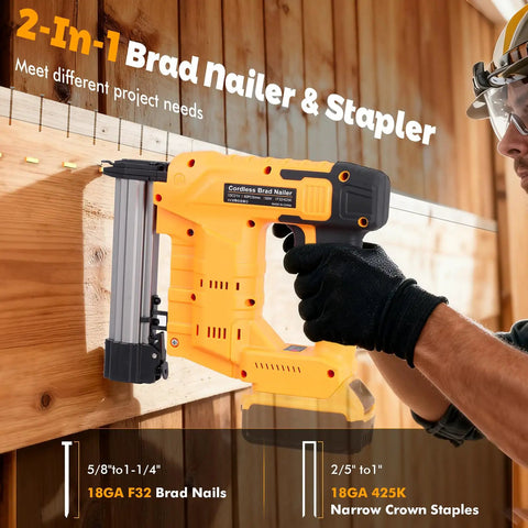 Close-up of Cordless 18GA Brad Nailer And Electric Staple Gun Two In One Wire Free Nail Tool for DIY woodworking projects.