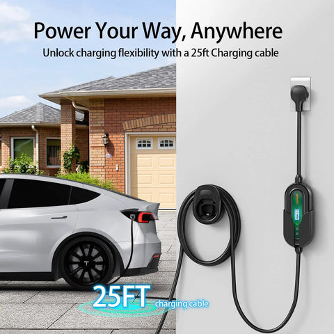 Level 2 EV Charger 40A 9.6kW Fast Charging With Adjustable Amperage And Bright LED Display For Tesla And All Electric Cars charging with 25ft cable.