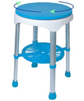 360 Degree Swivel Bath Stool With Cushioned Seat And Storage Tray Adjustable Rotating Shower Chair For Seniors And Adults Easy Entry And Exit From Tub with blue seat and tray.