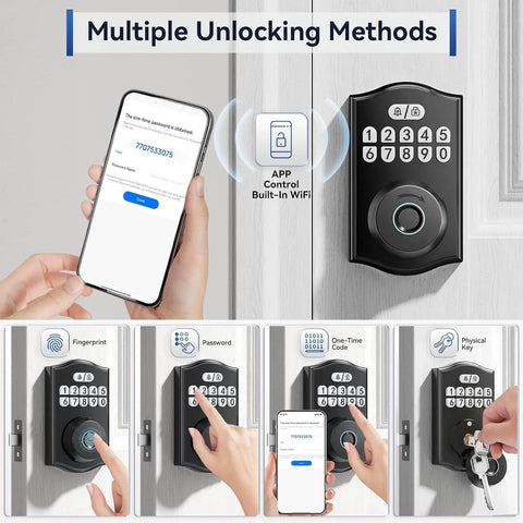 WiFi Smart Deadbolt Lock With Built In Fingerprint Scanner And App Control For Front Door Security Featuring Auto Lock Mode No Sweat Diy Install And Matte Black Finish For Rock Solid Keyless Entry Peace Of Mind
