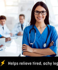Healthcare professional in blue scrubs smiling, representing Ultra Sheer Pantyhose For Women Plus Size With Mild 8 To 15 MmHg Compression
