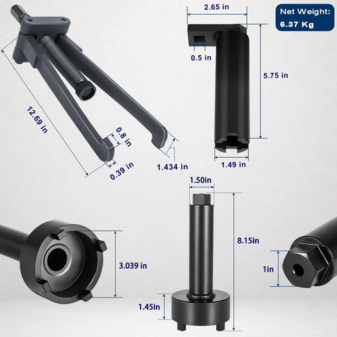 Heavy Duty Marine Lower Unit Repair Kit Featuring Rock Solid Three Piece Bearing Carrier Puller And Drive Shaft Retainer Wrench Set for Outboard servicing, showing tool dimensions and features.