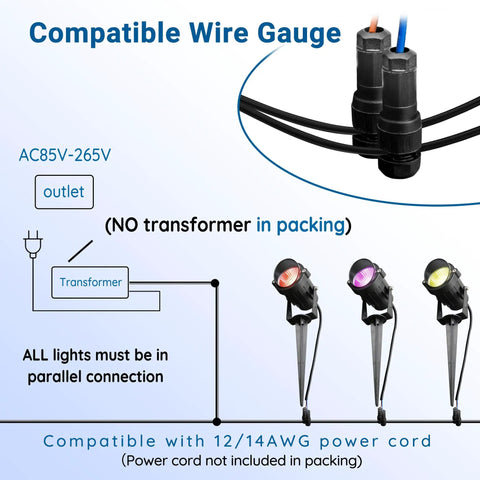 Diagram showing wire compatibility for Christmas RGBW Landscape Spotlight 12W Outdoor Color Changing Yard Lights Party Ready.