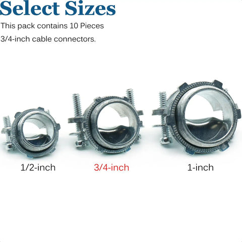 Real Deal Heavy Duty Zinc Alloy Conduit Clamps 3/4 Inch Cable Connectors displaying various sizes of cable connectors.