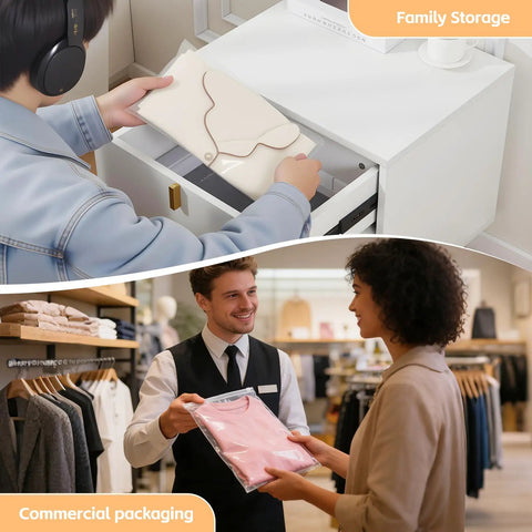 Person placing clothes in 50 Pack Clear Zipper Storage Bags 8x10 Inches Waterproof Reusable Travel Organizers; customer receiving item.