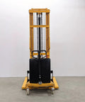 Heavy Duty Wide Leg Semi Electric Pallet Stacker Built Like A Tank With A Rock Solid 2204 Lbs Capacity And A Sweet 138 Inch Lift Height For Confined Warehouses, front view showcasing its sturdy design and nylon wheels.