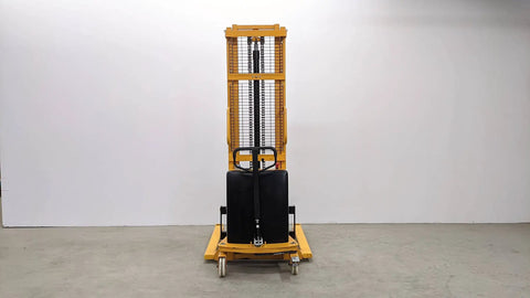 Heavy Duty Wide Leg Semi Electric Pallet Stacker Built Like A Tank With A Rock Solid 2204 Lbs Capacity And A Sweet 138 Inch Lift Height For Confined Warehouses, front view showcasing its sturdy design and nylon wheels.