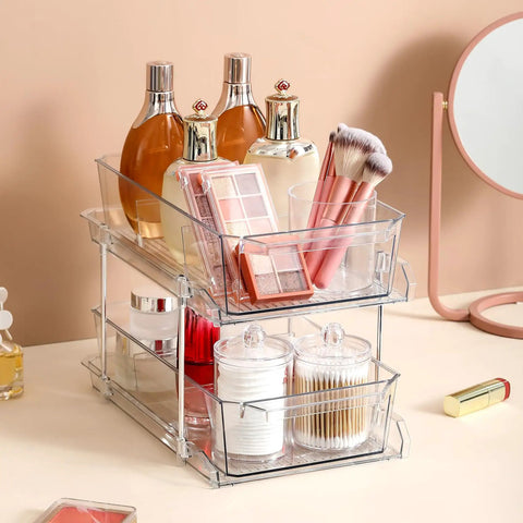 Two Tier Clear Organizer With Dividers For Kitchen Pantry Medicine Cabinet Bathroom Vanity And Under Sink Slide Out Storage Bin For Countertop Or Cabinet Multiuse See Through Organizer Keeps It Neat featuring clear plastic drawers holding cosmetics and toiletries