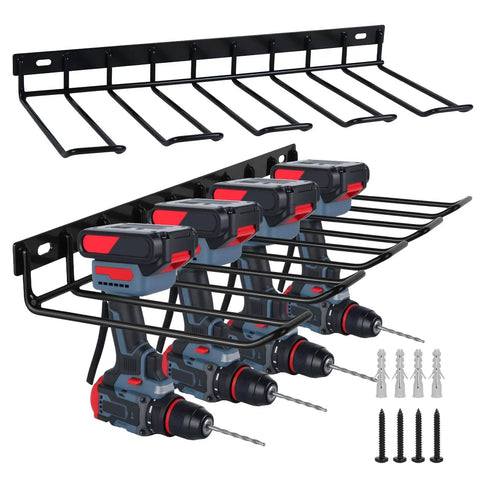 Power Tool Organizer Wall Mount and Drill Holder 2 Pack Black Steel Racks for Garage Holds Four Tools 80 Lb Capacity Easy Install with Screws Anchors Included shown