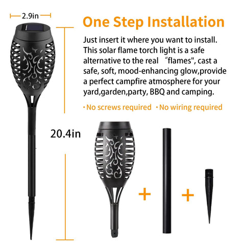 Lit Outdoor Solar Torch Lights Flickering Flame Set Of 12 LED Solar Garden Lights For Pathway Patio Yard Waterproof Auto On Off Each Light Measures 20.4 Inches Long And 2.9 Inches Wide diagram