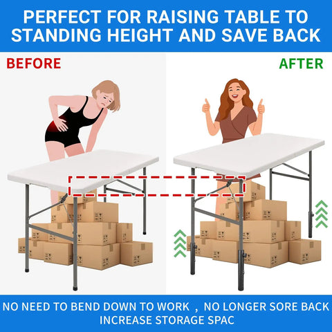 Top Shelf Folding Table Leg Extenders With Grippy Foam Pads And Secure Clips Boost Your Home Office Or Dinner Table Instantly. Visual comparison of table height before and after using risers.
