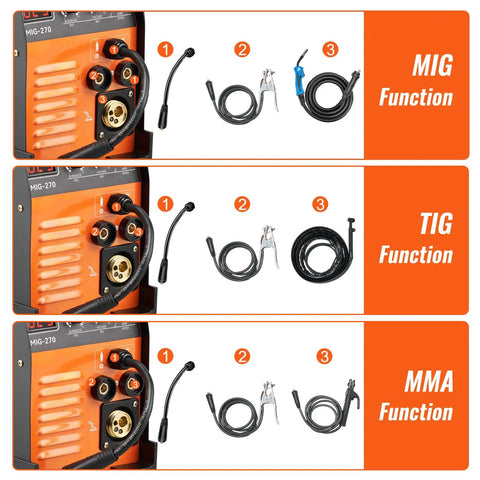 Do It All 270 Amp MIG TIG ARC Welder With 110 220V Inverter LCD Display Portable Wire Feed Kit showing MIG, TIG, MMA functions