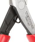 Close-up of Super Handy Mini Forty Five Degree Long Nose Pliers with red handles and recessed spring for easy open action.