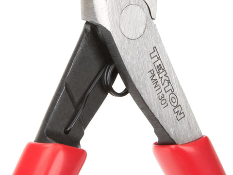 Close-up of Super Handy Mini Forty Five Degree Long Nose Pliers with red handles and recessed spring for easy open action.