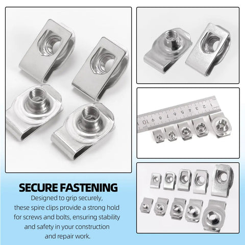54 Piece Assorted U Style Clip On Nuts Crafted From Grade 304 Stainless Steel Snap Tight To Auto Fender And Dash Panel Hardware kit with various sizes.