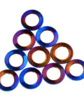 Badass Grade 5 Titanium Flat Washers For M5 Metric Bolts With Burnt Blue Finish 10 Pack lightweight aircraft hardware in a colorful display.