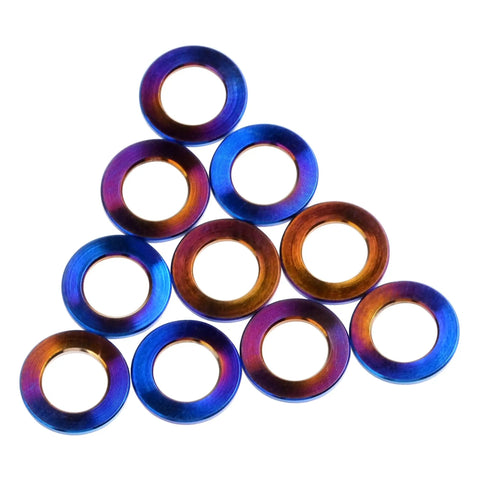 Badass Grade 5 Titanium Flat Washers For M5 Metric Bolts With Burnt Blue Finish 10 Pack lightweight aircraft hardware in a colorful display.