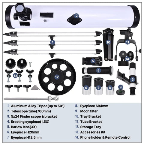 Portable 76mm Aperture Reflector Telescope With 700mm Focal Length 35x to 525x Magnification Newbie. Telescope kit components display.